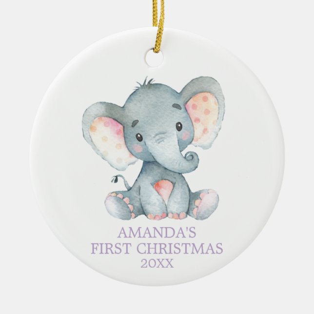 Cute Elephant Baby Girl First Christmas Purple Ceramic Ornament (Front)
