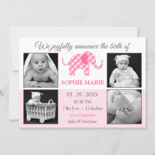 Cute Elephant Baby Girl Photo Birth Announcement