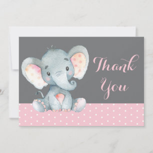 Cute Elephant Baby Girl Pink and Gray Thank You Card