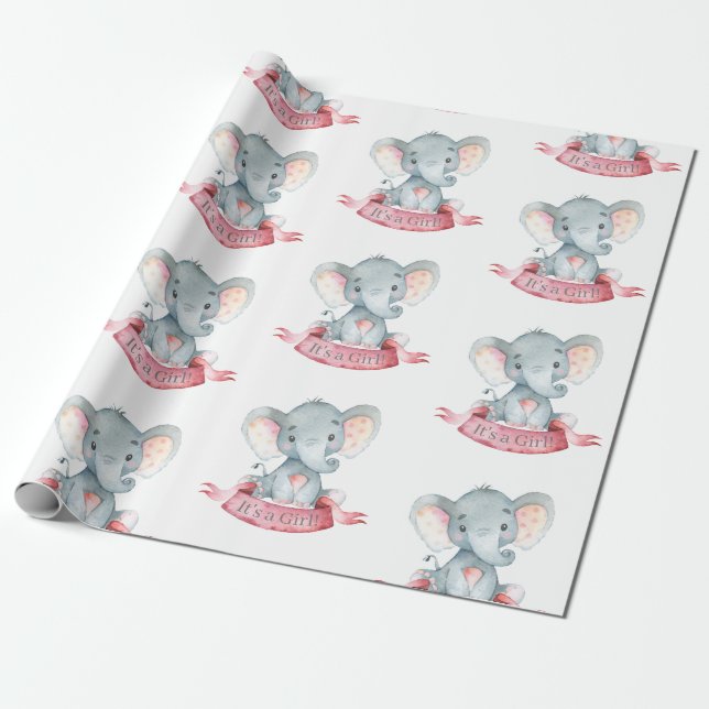 Cute Elephant Baby Girl Pink and Gray Wrapping Paper (Unrolled)