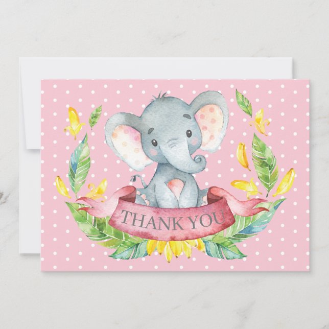 Cute Elephant Baby Girl Pink and Grey Thank You Card (Front)