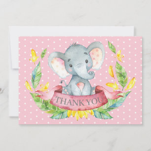 Cute Elephant Baby Girl Pink and Grey Thank You Card