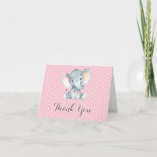 Cute Elephant Baby Girl Pink and Grey Thank You Card