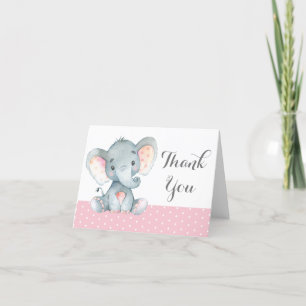 Cute Elephant Baby Girl Pink and Grey Thank You Card