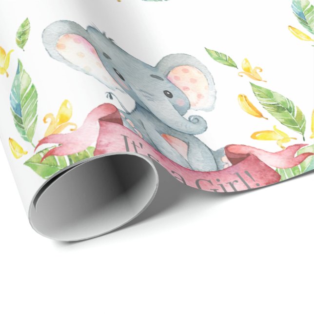 Cute Elephant Baby Girl Pink and Grey Wrapping Paper (Roll Corner)