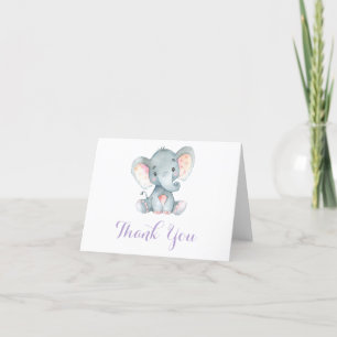 Cute Elephant Baby Girl Purple and Grey Thank You Card