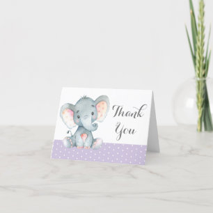Cute Elephant Baby Girl Purple and Grey Thank You Card