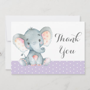 Cute Elephant Baby Girl Purple and Grey Thank You Card