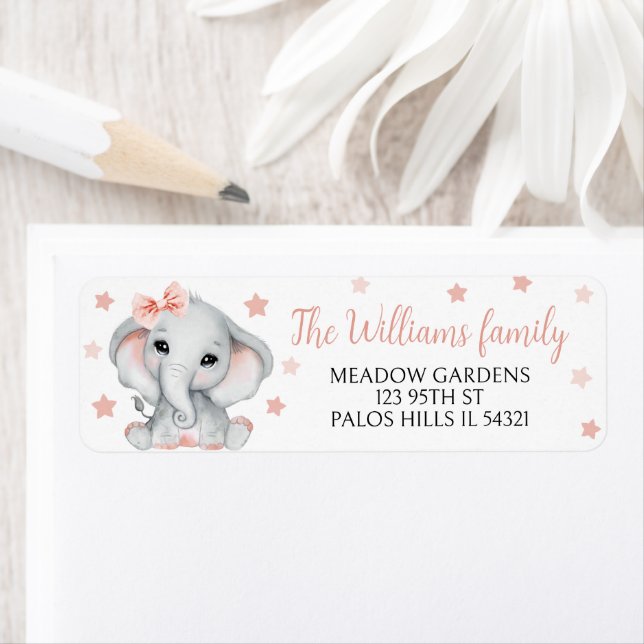 Cute elephant baby girl shower return address label (Insitu)