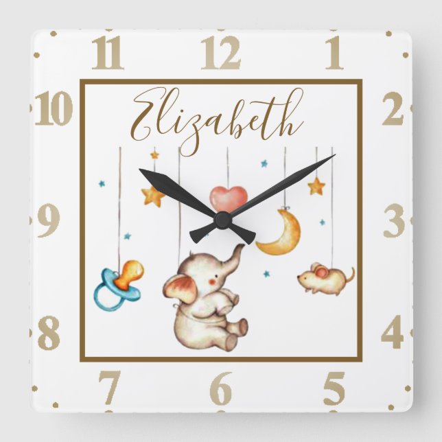 Cute Elephant baby personalised Square Wall Clock (Front)