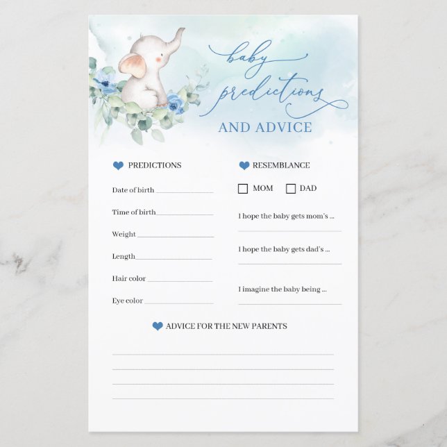 Cute elephant Baby Predictions and Advice game (Front)