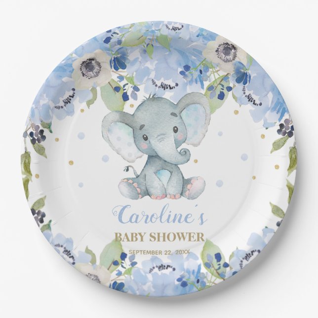 Cute Elephant Baby Shower Blue Floral  Paper Plate (Front)