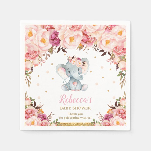 Cute Elephant Baby Shower Blush Floral Serviettes Napkin (Front)