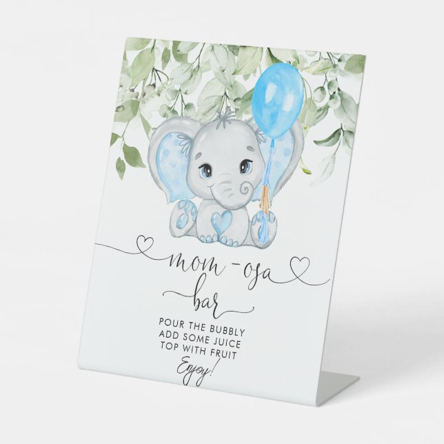 Cute Elephant Baby Shower Boy Mum-osa Bar Pedestal Sign (Front)