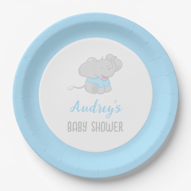 Cute Elephant Baby Shower Boy Paper Plate (Front)