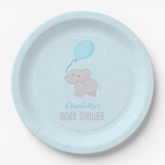 Cute Elephant Baby Shower Boy Paper Plate (Front)