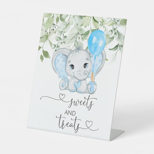Cute Elephant Baby Shower Boy Sweets And Treats Pedestal Sign (Front)