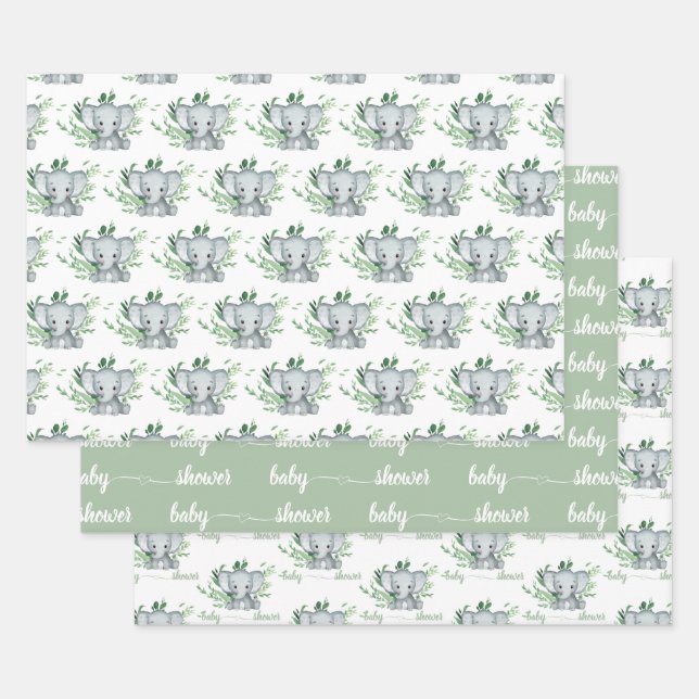 Cute Elephant Baby Shower Greenery Green White Wrapping Paper Sheet (Set)