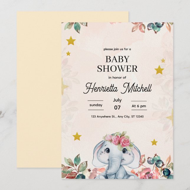 Cute Elephant Baby Shower Invite, Girl Baby Shower Invitation (Front/Back)