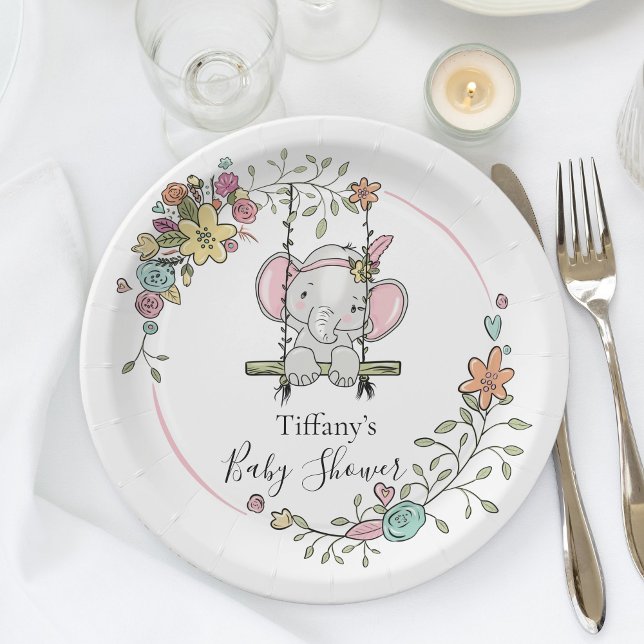 Cute Elephant Baby Shower Party Decor with Floral  Paper Plate (Creator Uploaded)