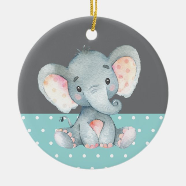 Cute Elephant Baby Shower Teal Aqua Turquoise Ceramic Ornament (Front)