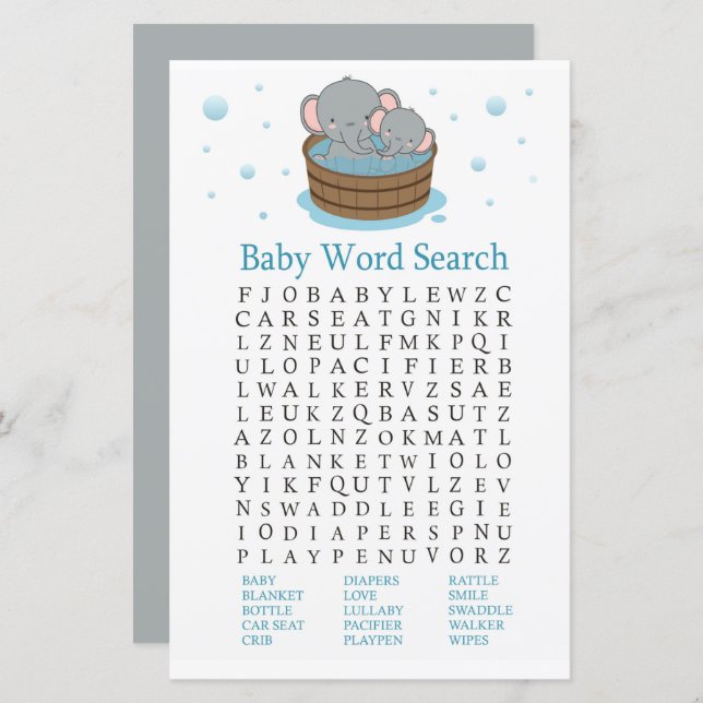 Cute Elephant Baby Shower Word Search Game (Front/Back)