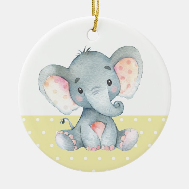 Cute Elephant Baby Shower Yellow Ceramic Ornament (Front)