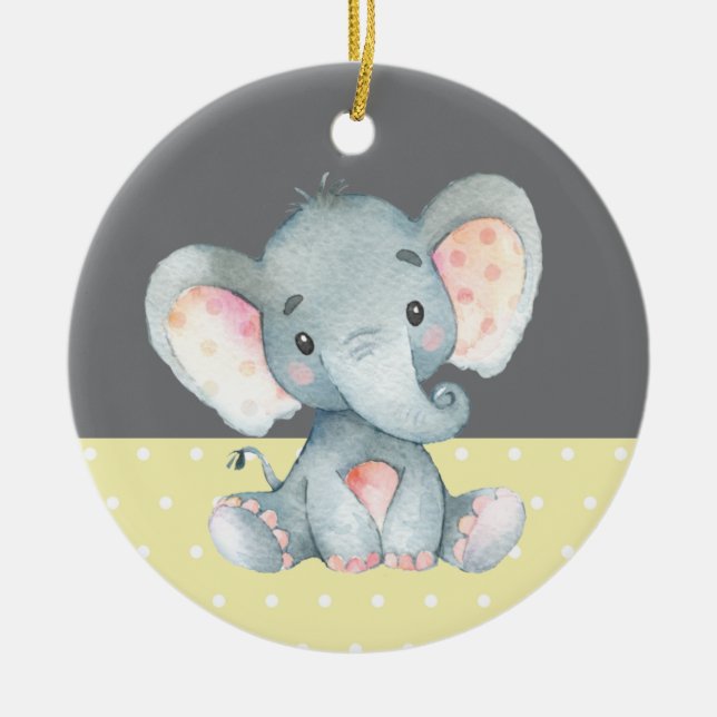 Cute Elephant Baby Shower Yellow Ceramic Ornament (Front)