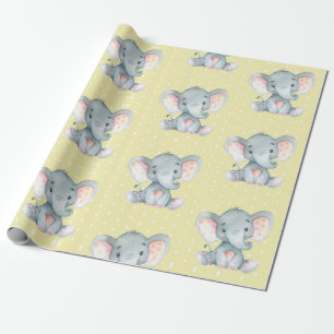 Cute Elephant Baby Yellow and Gray Wrapping Paper