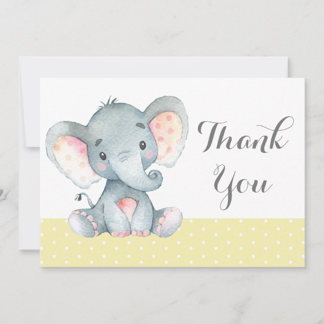Cute Elephant Baby Yellow and Grey Thank You Card (Front)