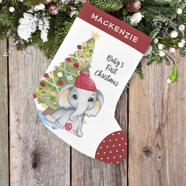 Cute Elephant BABY'S FIRST CHRISTMAS Red White Dot Small Christmas Stocking (Creator Uploaded)