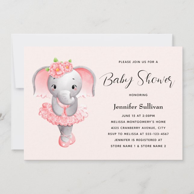 Cute Elephant Ballerina Pink & Grey Baby Shower Invitation (Front)