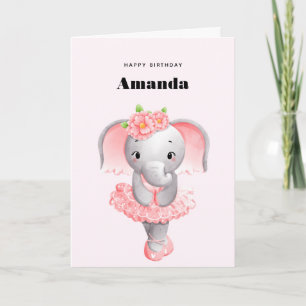 Cute Elephant Ballerina Pink & Grey Birthday Card