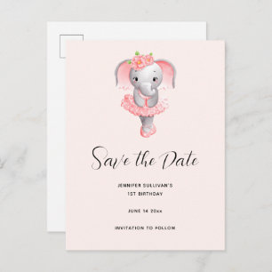 Cute Elephant Ballerina Pink & Grey Save the Date Invitation Postcard