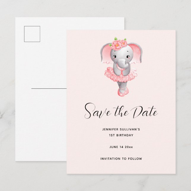 Cute Elephant Ballerina Pink & Grey Save the Date Invitation Postcard (Front/Back)