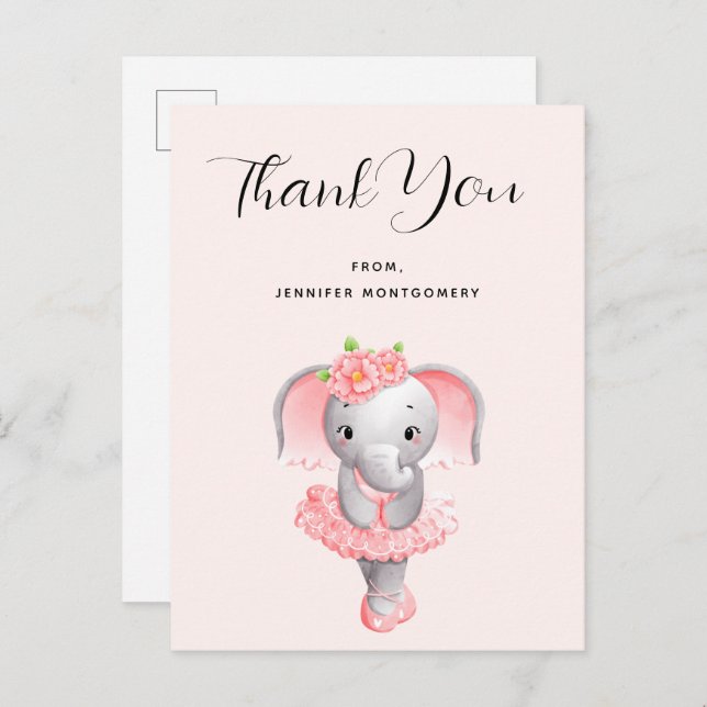 Cute Elephant Ballerina Pink & Grey Thank You Postcard (Front/Back)