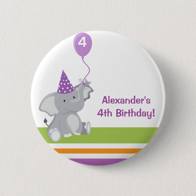 Cute Elephant & Balloon Birthday Party Button (Front)