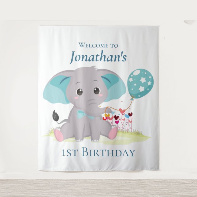 Cute Elephant  balloon Boy Birthday  Backdrop Tapestry (Front)