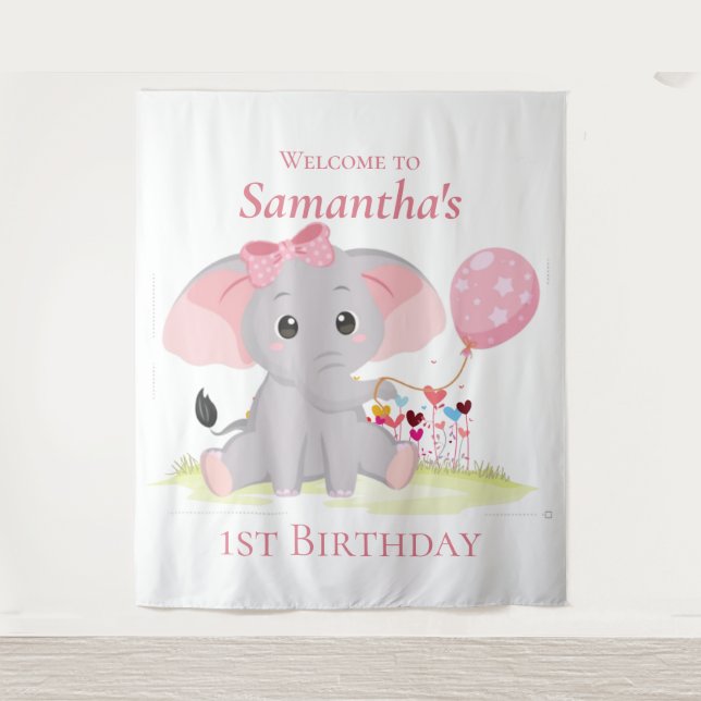 Cute Elephant  balloon Girl Birthday  Backdrop Tapestry (Front)