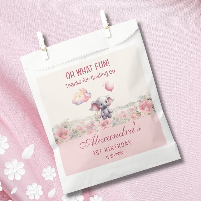Cute Elephant Balloon Pink Baby Girl 1st Birthday Favour Bag (Creator Uploaded)