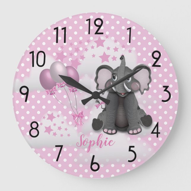 Cute Elephant Balloons Baby Girl Pink Nursery Large Clock (Front)