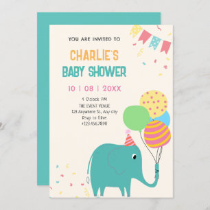 Cute elephant balloons baby shower invitation