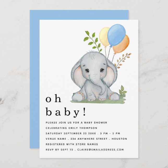 Cute Elephant Balloons Blue Boy Baby Shower Invitation (Front/Back)