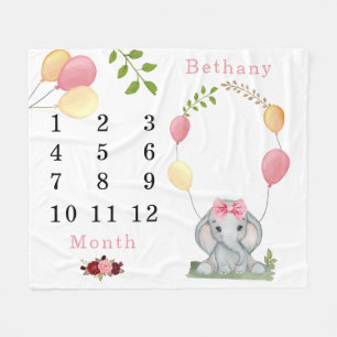 Cute Elephant Balloons Girl Milestone Fleece Blanket