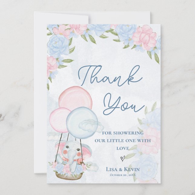 Cute Elephant Balloons Pink Floral Baby Shower  Thank You Card (Front)
