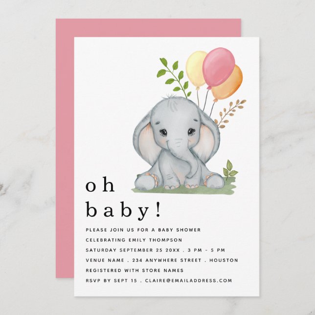 Cute Elephant Balloons Pink Girl Baby Shower Invitation (Front/Back)