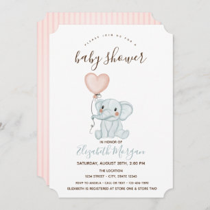 Cute Elephant Balloons Pink Stripes Baby Shower Invitation