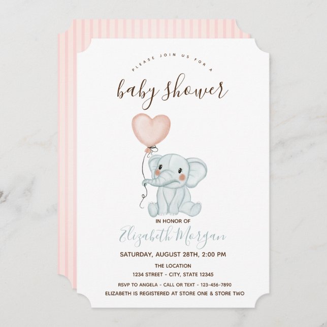 Cute Elephant Balloons Pink Stripes Baby Shower Invitation (Front/Back)