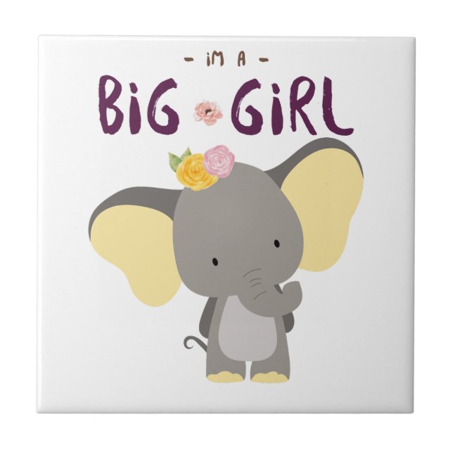 Cute elephant big girl and floral  ceramic tile (Front)