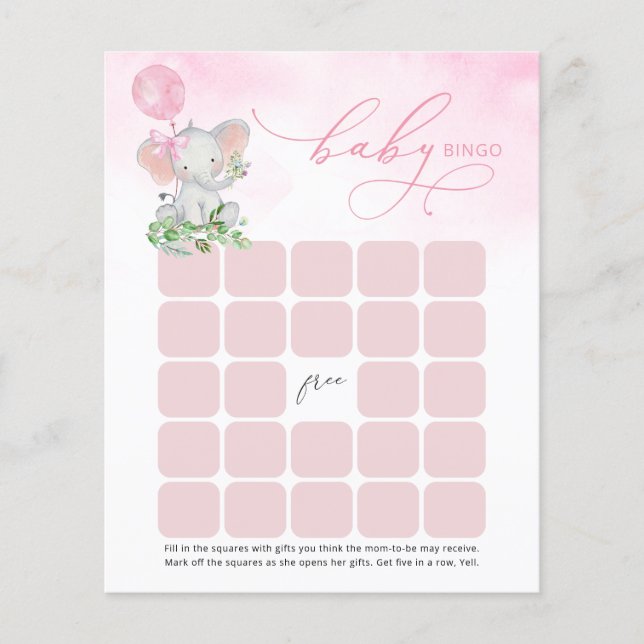 Cute Elephant Bingo Baby Shower Game Card (Front)